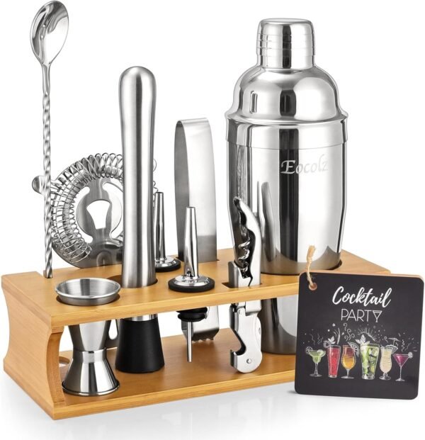 Bartender Kit Cocktail Shaker Set with Stand Bar Tool Bar Set for Drink Mixing Home Bartending Kit 11-Piece Bar Cart Accessories: Martini Shaker, Mixer Spoon, Jigger, Muddler, Strainer & Recipes Gifts - Image 2