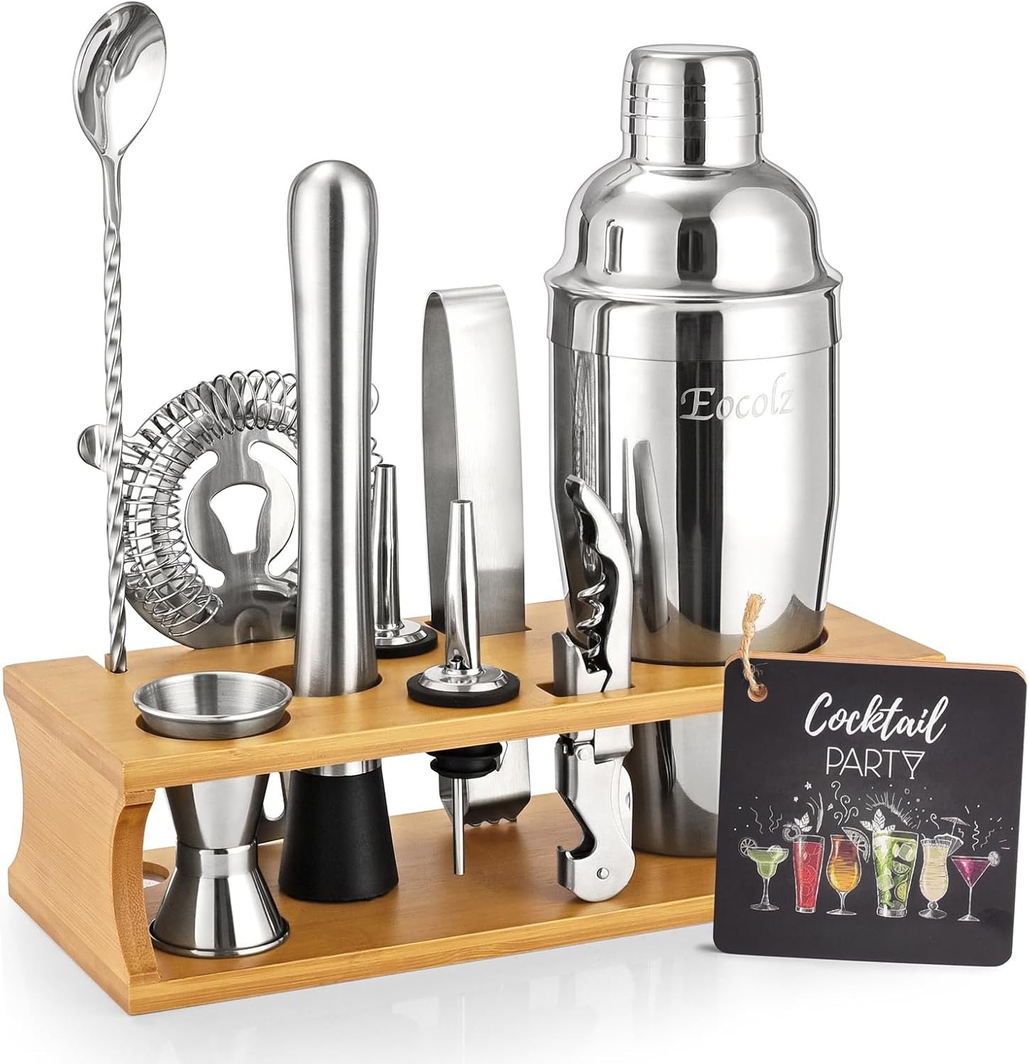 Bartender Kit Cocktail Shaker Set with Stand Bar Tool Bar Set for Drink Mixing Home Bartending Kit 11-Piece Bar Cart Accessories: Martini Shaker, Mixer Spoon, Jigger, Muddler, Strainer & Recipes Gifts - Image 2