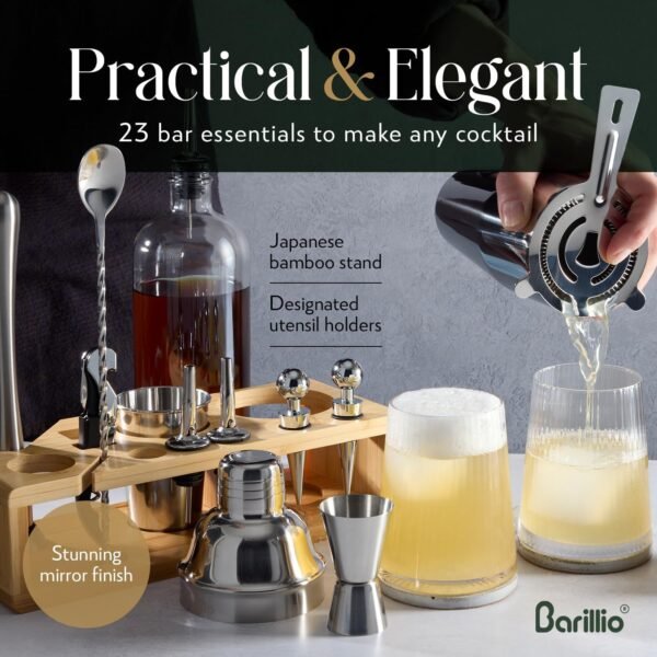 Barillio Bartender Kit - Stainless-Steel Cocktail Shaker Set w/Bamboo Stand - Mixology Bar Tools w/Drink Shaker, Mixer Spoon & Muddler for Cocktails - Home Bar Accessories - 23-Pc Bar Set - Silver - Image 6
