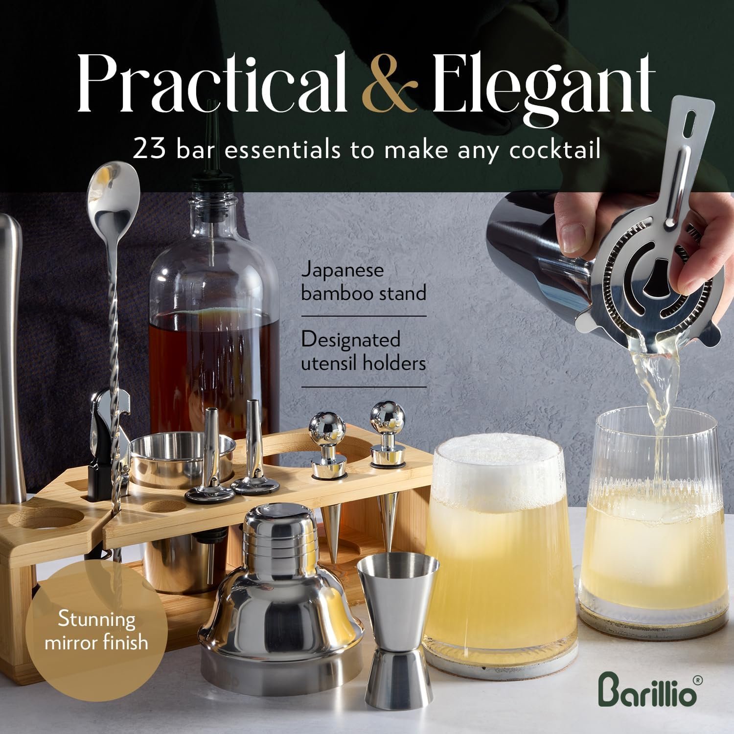 Barillio Bartender Kit - Stainless-Steel Cocktail Shaker Set w/Bamboo Stand - Mixology Bar Tools w/Drink Shaker, Mixer Spoon & Muddler for Cocktails - Home Bar Accessories - 23-Pc Bar Set - Silver - Image 6