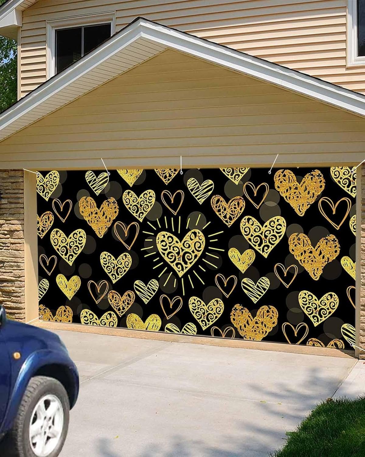 Yellow Love Heart Valentine's Day Garage Door Cover Decorations 7x16 Ft, Classic Black Decorative Garage Door Banner, Large Outdoor Garage Hanging Backdrop Mural for Party/Holiday - Image 6
