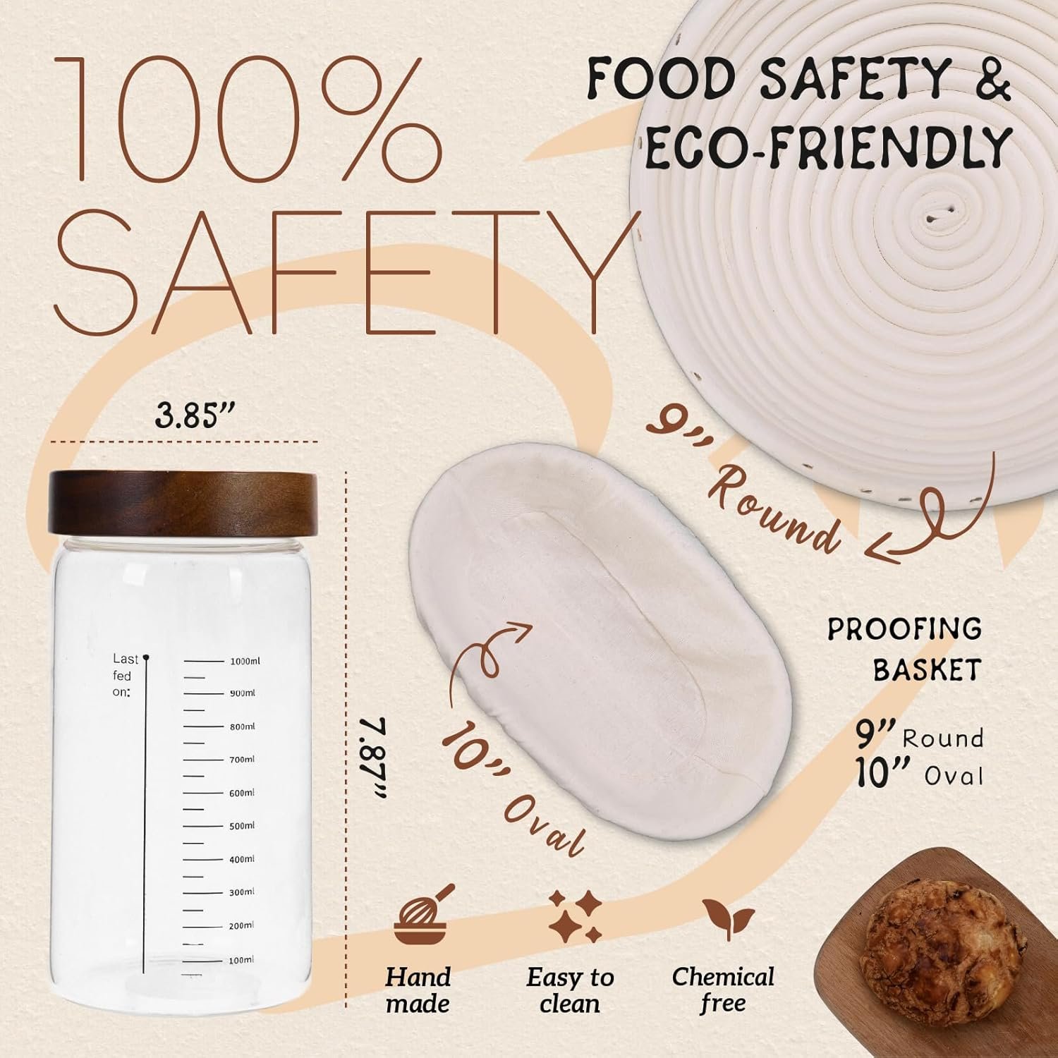 Sourdough Bread Baking Supplies and Starter Kit,40oz Sourdough Starter Jar with sealed Lid,2 Banneton Bread Proofing Baskets (9”Round & 10”Oval),Complete Sourdough Bread Baking Supplies - Image 4