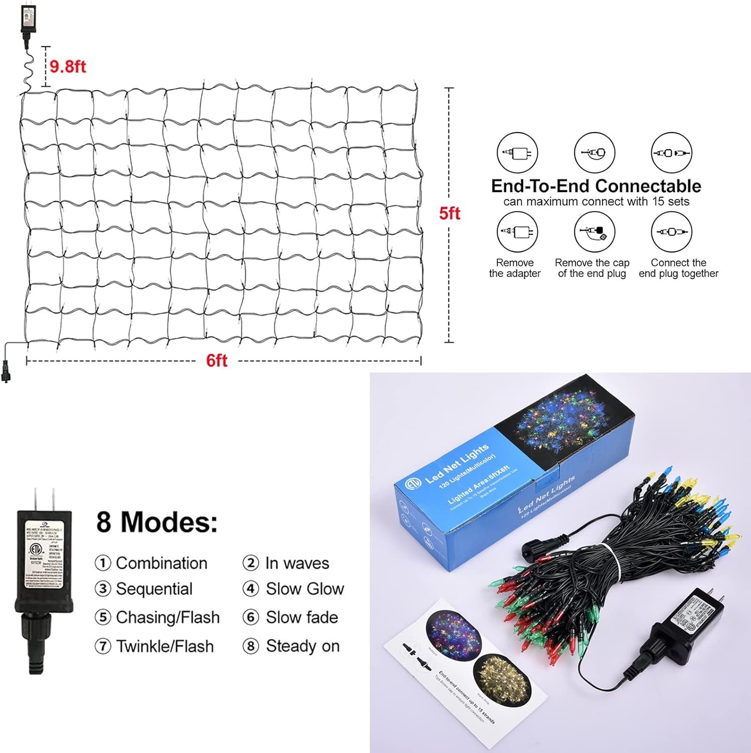 120Led Christmas Net Lights Outdoor 5ft x 6ft Connectable, 8 Modes Net Mesh Lights Waterproof Black Wire, 29V Plug in Mesh Net Lights for Garden, Yard, Bushes, Trunk, Xmas Tree Decor (Multicolor) - Image 4