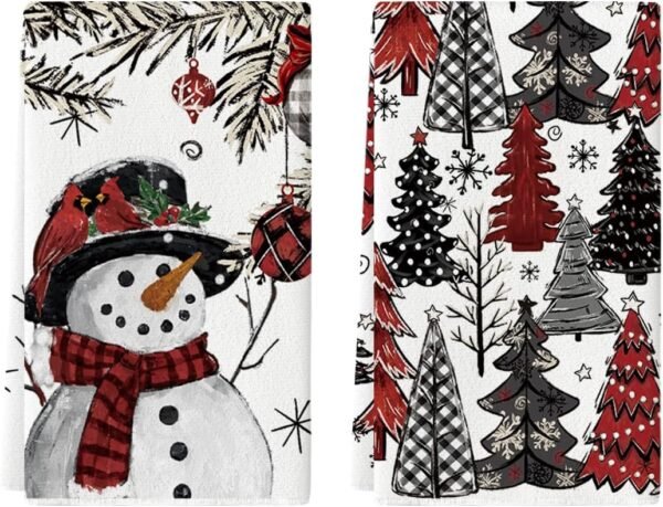 Artoid Mode Xmas Tree Snowman Christmas Kitchen Towels Dish Towels, 18x26 Inch Holiday Holly Bird Winter Decoration Hand Towels Set of 2 - Image 2