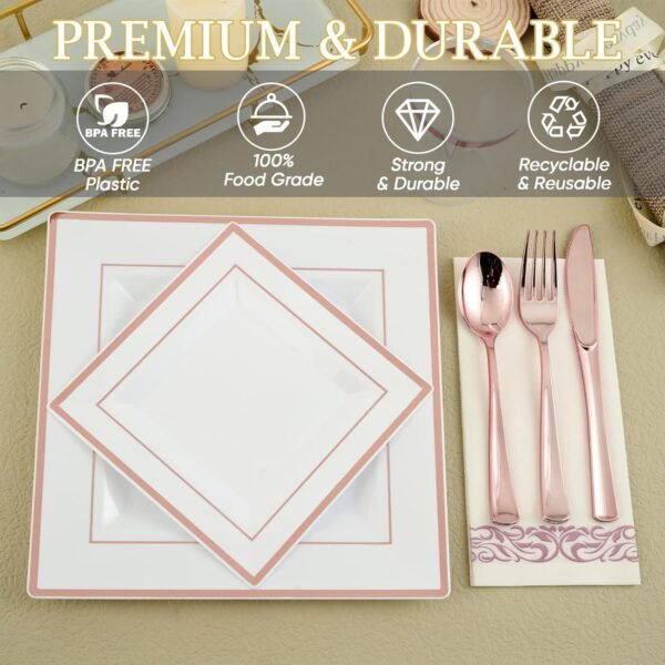 FOCUSLINE 175 Piece Rose Gold Dinnerware Set for 25 Guests- Square Plastic Plates with Rose Gold Rim- Including Disposable 25 Dinner Plates, 25 Dessert Plates, 25 Napkins, 25 Cups, 25 Silverware Set - Image 6