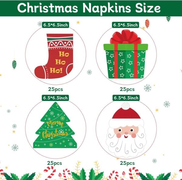 100 Pcs Christmas Paper Napkins, 3-Ply Cute Christmas Napkins Santa Napkins Xmas Tree Napkins Christmas Cocktail Napkins Holiday Dessert Napkins for Xmas Winter New Year - Image 3
