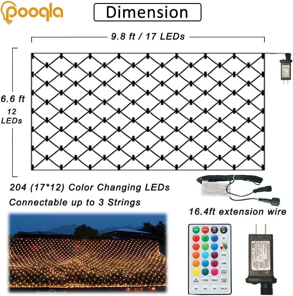 RGB Net Lights, Color Changing Outdoor LED Christmas Mesh Lights, 9.8ft x 6.6ft 204 LED Net Light Halloween Decorations, Connectable Plug in Waterproof Tree Christmas Light Bushes Wedding Garden Decor - Image 5
