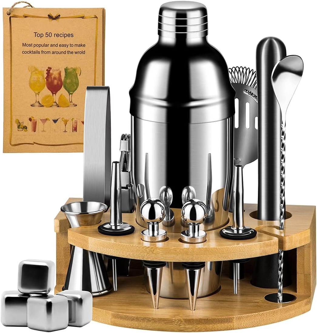 Cocktail Shaker Set Mixology Bartender Kit 17 pcs Bamboo Stand Martini Whiskey Drink Mixer Vintage Cocktail Recipes and Whiskey Stones - Image 2