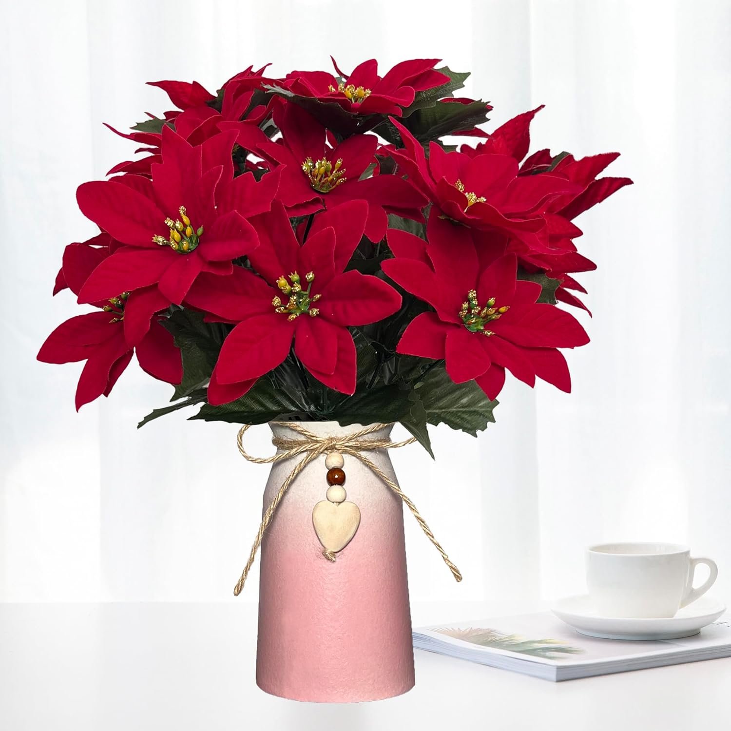 Artificial Poinsettia Christmas Flower Arrangement in Pink Vase, Festive Red Faux Flowers with Heart Charm for Home, Office & Holiday Décor - Image 2