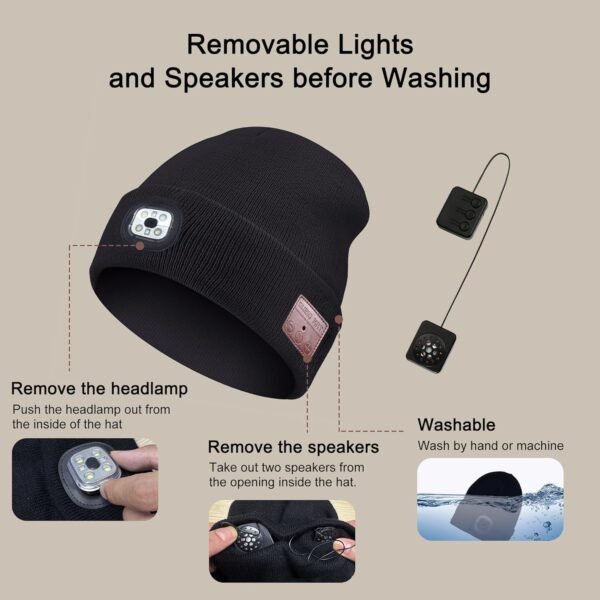 Bluetooth Beanie with Light, Wireless Music Beanie Hat with Rechargeable 6 LED, Unique Tech Gifts for Men Husband Him Teen, for Fishing Jogging Working, Christmas Stocking, Black - Image 6