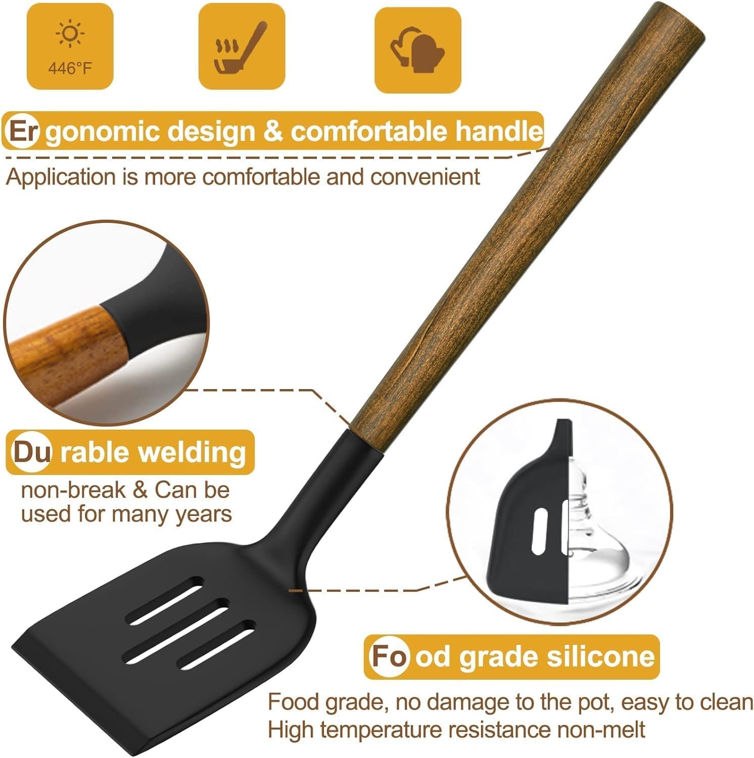 Silicone Cooking Utensil Set, Umite Chef 8-Piece Kitchen Set with Natural Acacia Wooden Handles,Food-Grade Silicone Heads-Silicone Kitchen Gadgets Spatulas Set for Nonstick Cookware- Black - Image 8
