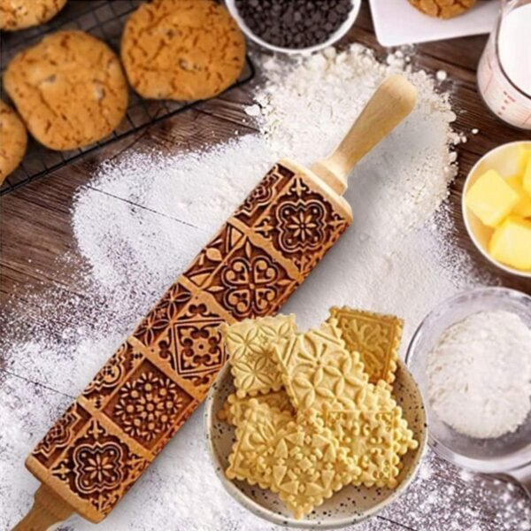 Cookie Stamp Roller Press Biscuit Maker Wooden with Vintage and Traditional Pattern Kitchen Tools Making Funny Food for Kids(Vintage pattern) - Image 5
