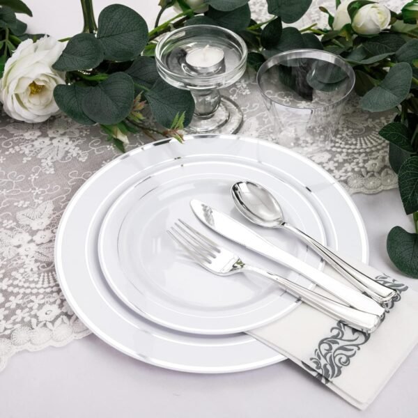 bUCLA 350PCS Silver Plastic Dinnerware Set for 50 Guests - Silver Plastic Plates Disposable for Party Include 50 Dinner Plates,50 Dessert Plates,50 Forks,50 Knives,50 Spoons,50Cups,50 Napkins - Image 3