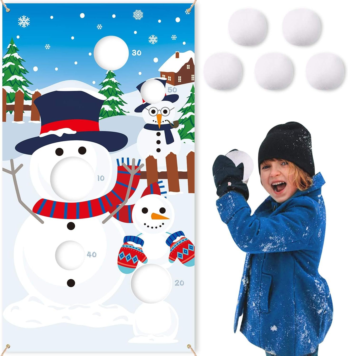 CiyvoLyeen Snowman Toss Games Banner, Winter Christmas Holiday Party Cornhole Game with 5 Snowballs for Kids Adults Family Gathering Indoor Outdoor Frozen Party Supplies - Image 2