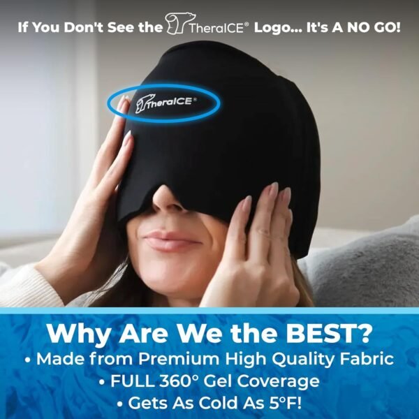 TheraICE Migraine Relief Cap, Soothing Headache Hat Ice Pack Mask, Face Cold Compress Cooling Gel Head Wrap Products for Tension, Stress & Hangover - Image 7