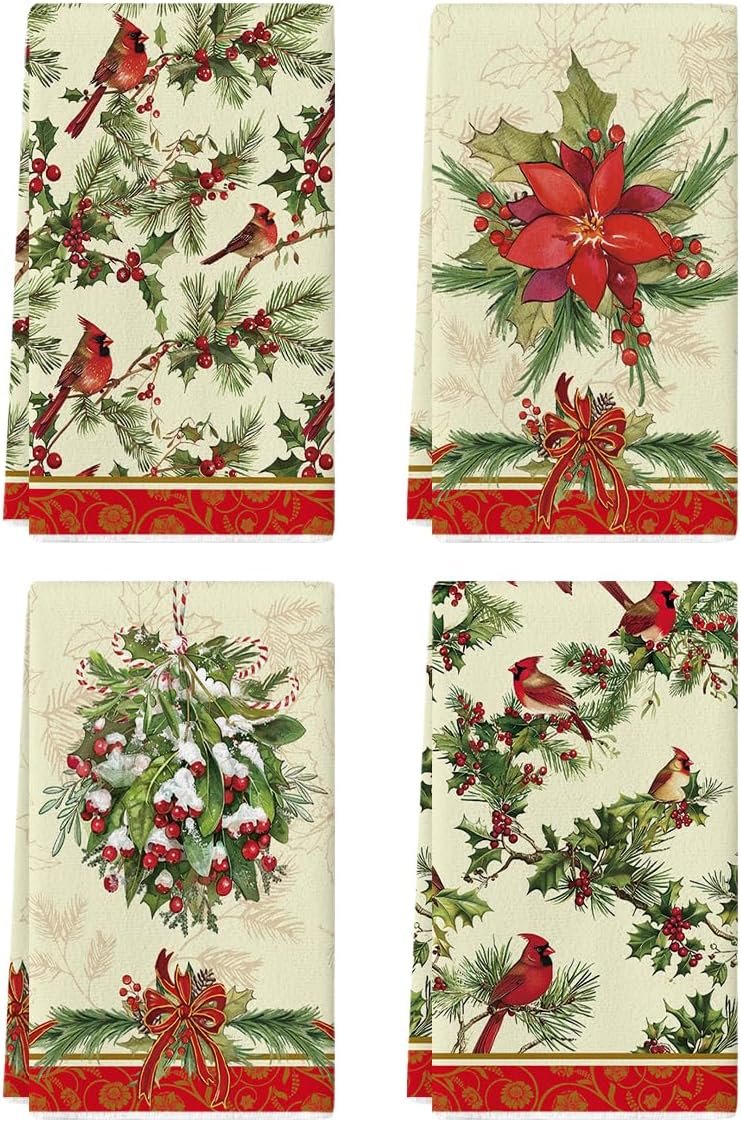 Artoid Mode Bird Holly Christmas Kitchen Towels Dish Towels, 18x26 Inch Farmhouse Flowers Poinsettia Winter Decoration Hand Towels Set of 4 - Image 2