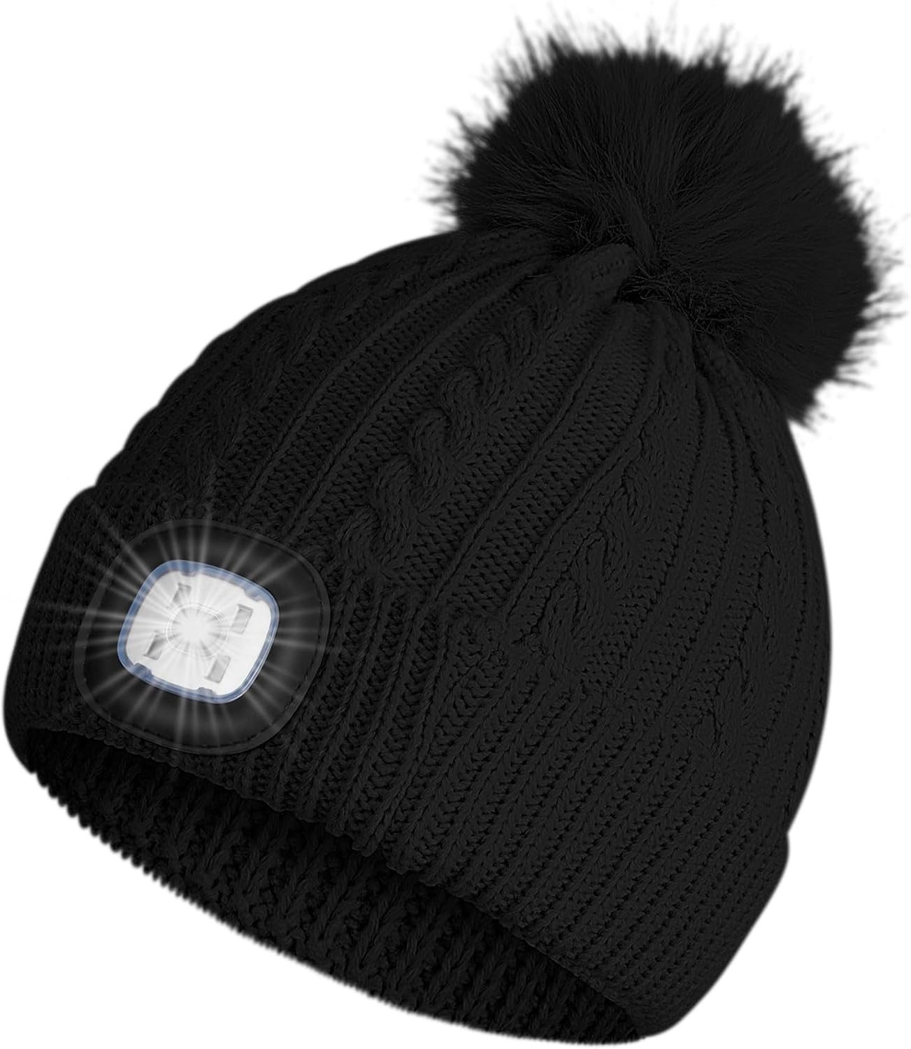LED Beanie with Light, Hands Free Headlamp Light Up Winter Beanie Hat, Warm Lined Cable Knit Beanie with Pom for Women, Ideal for Wife Mother's Birthdays/Christmas-Black - Image 2