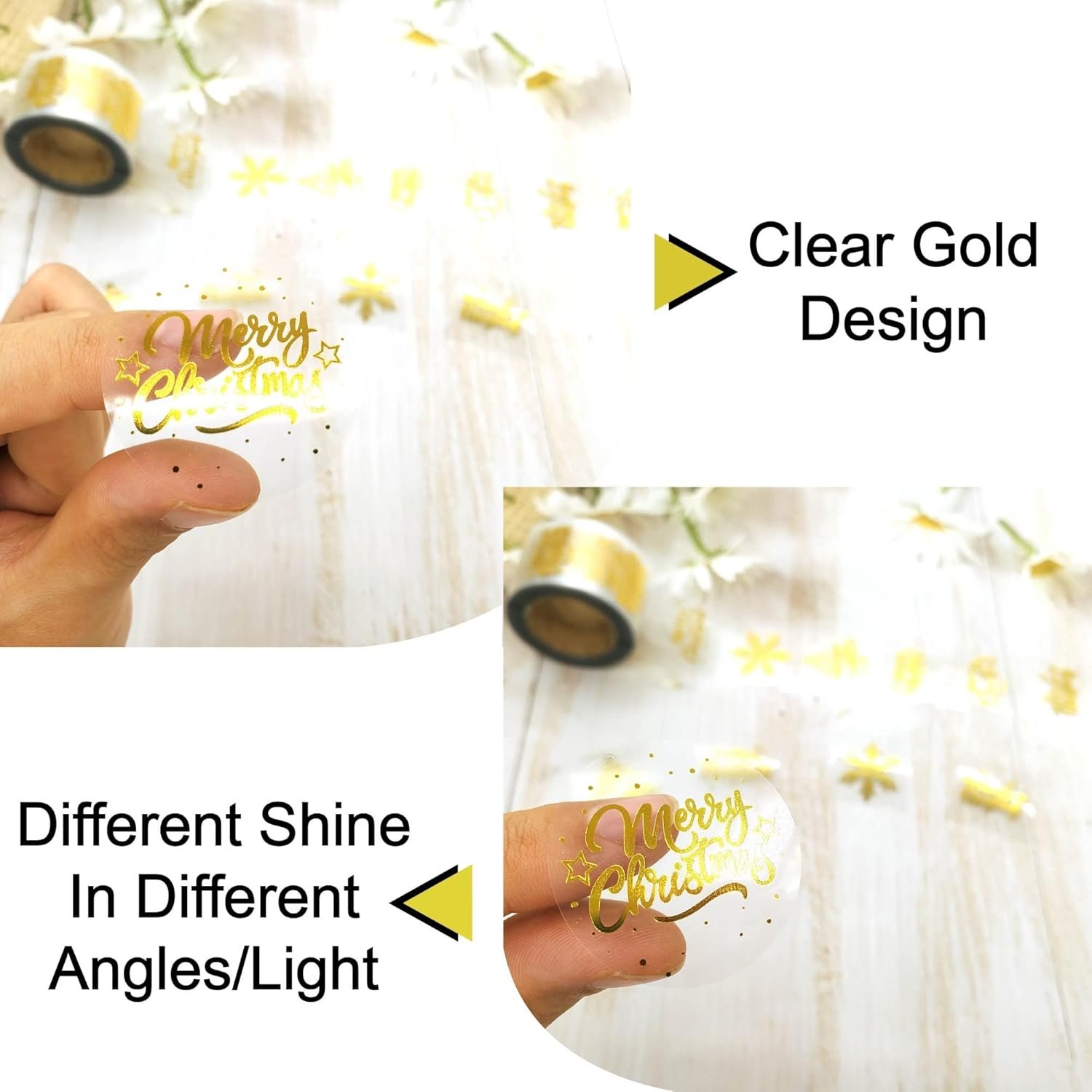 1.5 Inches/600 Christmas Stickers, 6 Clear Gold Foil Designs Merry Christmas Stickers Snowflake Stickers for Christmas Decorations Envelopes Cards Sealing Craft Decor - Image 4