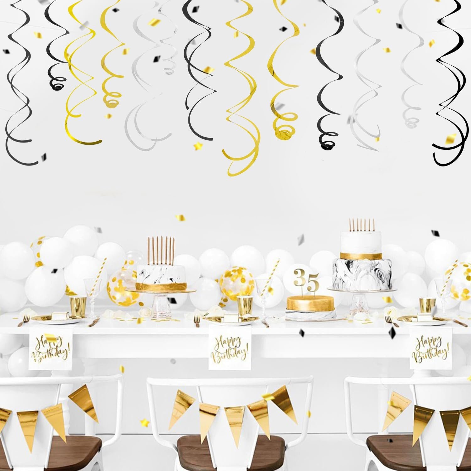 36Pcs Black and Gold Hanging Swirl Party Decorations, Black Silver Gold Ceiling Swirl Foil Streamers Party Supplies, Wedding Baby Shower Birthday Graduation Christmas New Year Party Decoration - Image 3