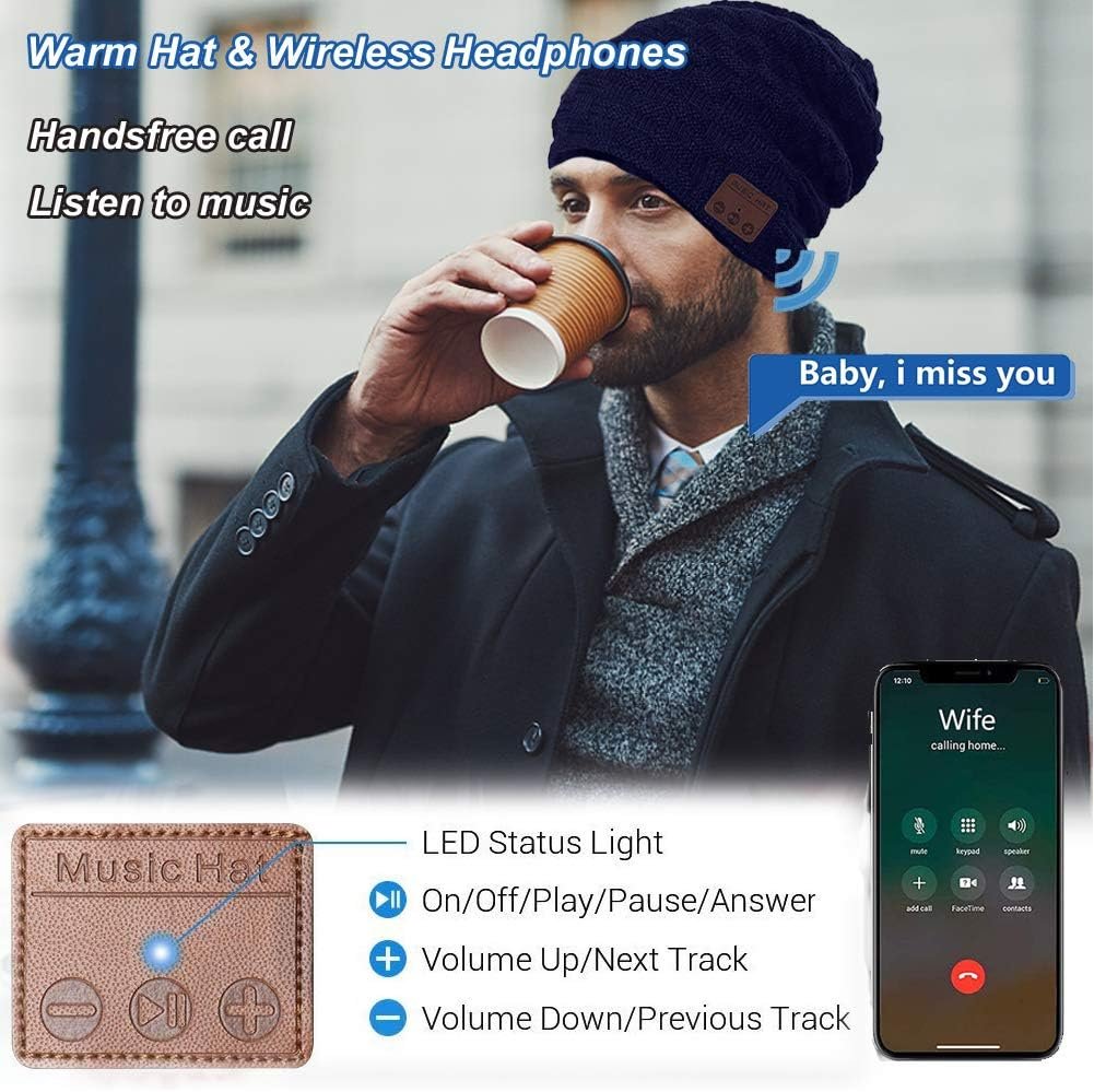 Wireless Beanie Hat with Headphones Smart Beanie Headset Winter Hats Warm Musical Cap 5.0 Headphone Built-in Mic Handsfree for Skiing Skateboarding Jogging for Men Women Boys Girls Blue - Image 7