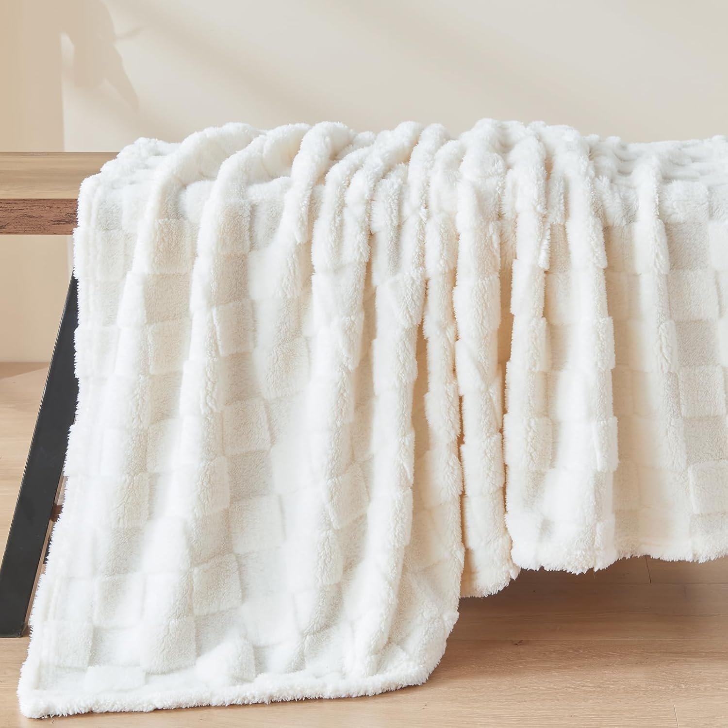 NEWCOSPLAY Super Soft Throw Blanket Ivory Premium Silky Flannel Fleece 3D Checkered Lightweight Bed Blanket All Season Use (Ivory Checkered, Throw(50"x70")) - Image 9
