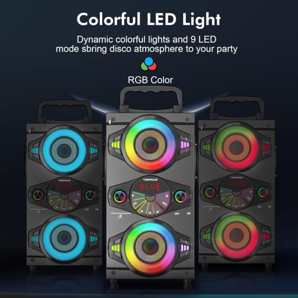 Bluetooth Speakers, 60W Portable Wireless Loud Outdoor Home Party Bluetooth Speaker with Subwoofer, FM Radio, LED Colorful Lights, Microphone, Remote and Big Powerful Stereo Deep Bass Sound Boombox - Image 4