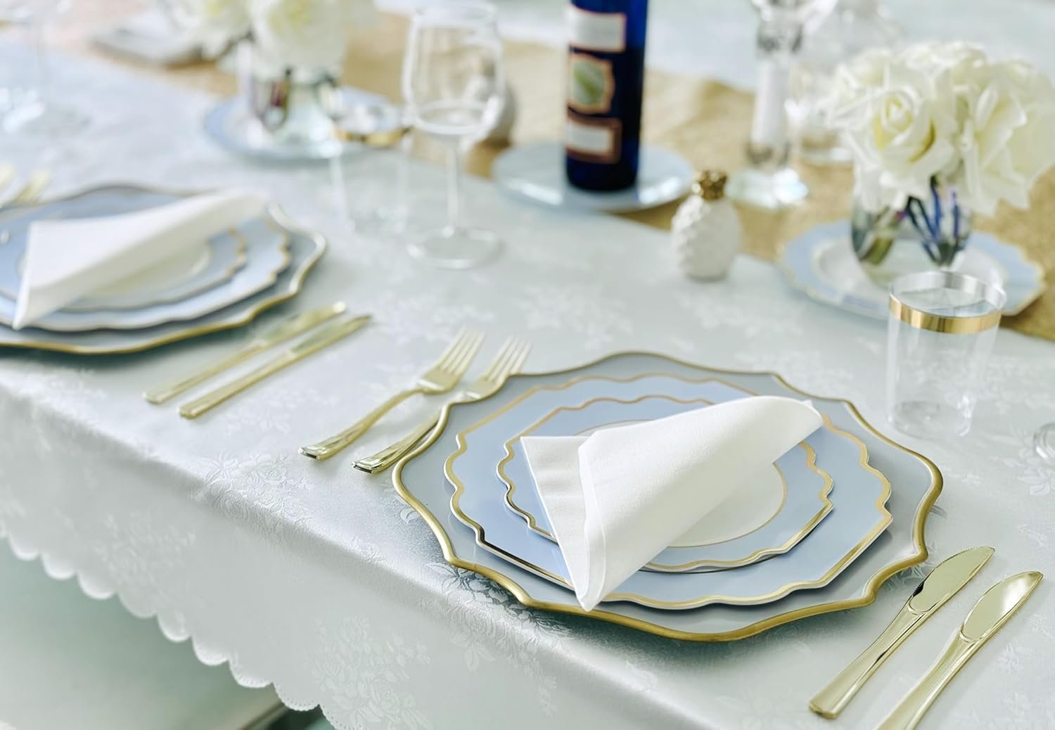 " OCCASIONS " 50 Plates Pack (25 Guests)-Heavyweight Wedding Party Disposable Plastic Plate Set -(25x10.5'' Dinner + 25x8'' Salad/dessert (Imperial in White/Blue & Gold) - Image 3