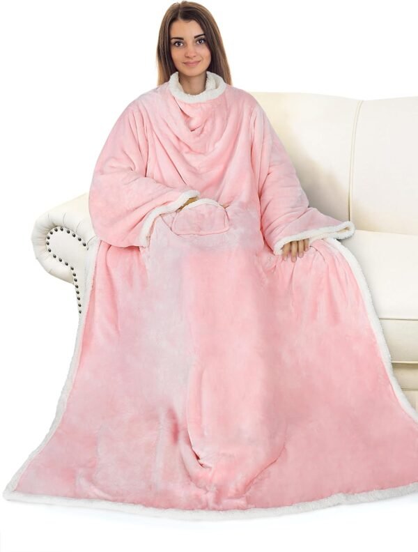 Catalonia Sherpa Wearable Blanket with Sleeves Arms,Super Soft Warm Comfy Large Fleece Plush Sleeved TV Throws Wrap Robe Blanket for Adult Women and Men Pink - Image 2