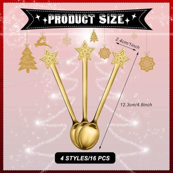 16 Pieces Christmas Spoon Set Christmas Stirring Spoon Creative Stainless Steel Coffee Spoon Tea Spoon Soup Spoon Dessert Spoon for Stirring Drink Mixing Milkshake Jam, 4 Styles (Gold) - Image 3
