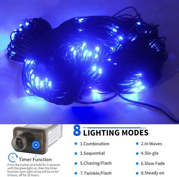 MULTI-SPARKING Christmas Net Lights Outdoor Mesh Lights 9.8ft x 6.6ft 198 LED Blue Net Lights Plug in 8 Modes Connectable for Garden Lawn Bushes Halloween Decorations - Image 7