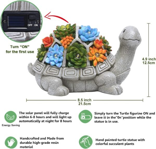 Nacome Solar Garden Outdoor Statues Turtle with Succulent and 7 LED Lights - Lawn Decor Tortoise Statue for Patio, Balcony, Yard Ornament - Unique Housewarming Gifts - Image 5