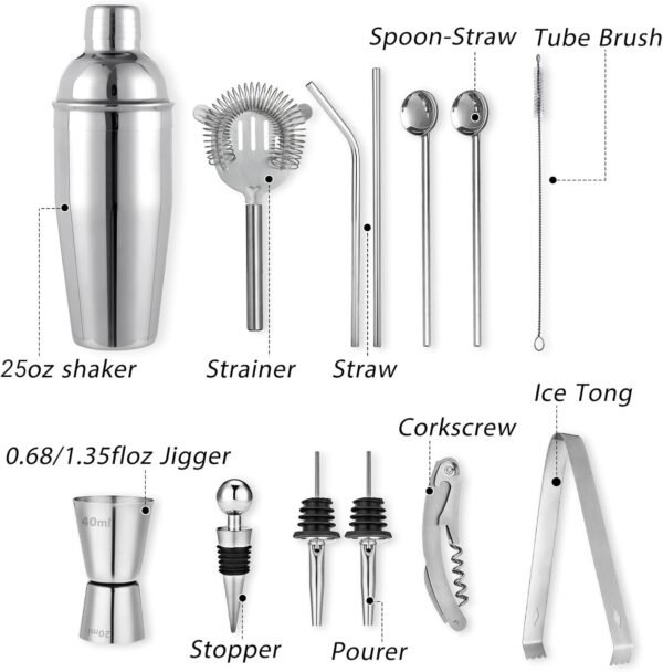 Cocktail Shaker Set Bartender Kit, Godmorn 15Pcs Bartender Shaker Set, 304 Stainless Steel Martini Shaker and Strainer, 550ml /19OZ Bar Tool Set with Bamboo Stand, Recipe Book, for Home and Bar - Image 4