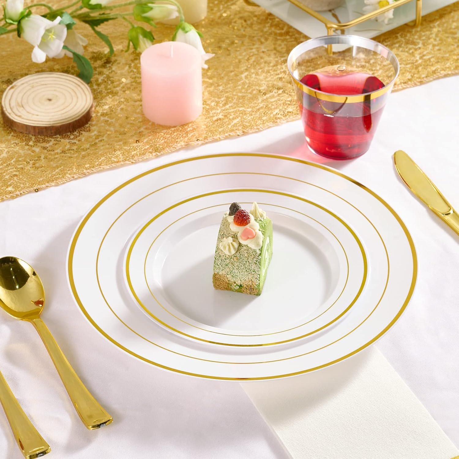 FOCUSLINE Gold Plastic Plates Set of 60, Disposable Plates with Gold Rim 30 Dinner Plates 10" and 30 Salad Dessert Appetizer Plates 7", Elegant Fancy Heavy Duty Wedding Party Plates - Image 3