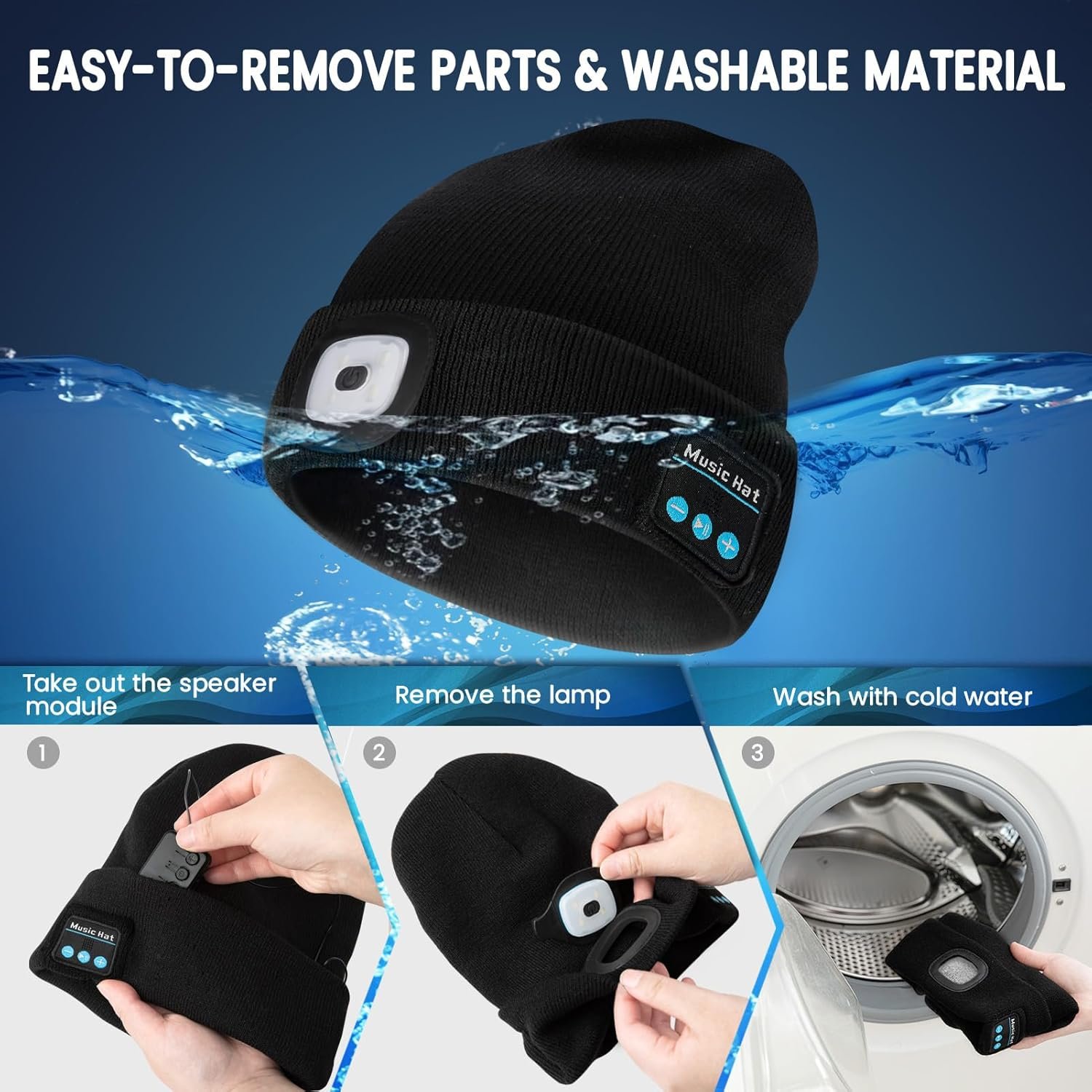 VIBELITE Bluetooth Beanie Hat with Light, USB Rechargeable LED Headlamp with Wireless Headphones, Gifts for Christmas, Stocking Stuffers for Adult Men Him Husband Boyfriend Dad Father, Black - Image 6