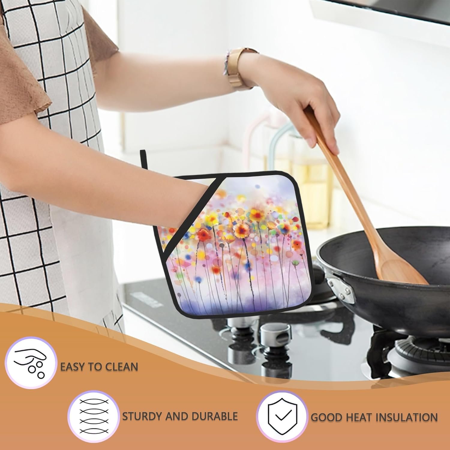 Abstract Florl Pot Holders Set of 2, Kitchen Heat Resistant Potholder for Microwave Cooking Baking Oven End Dishes and BBQ - Image 5