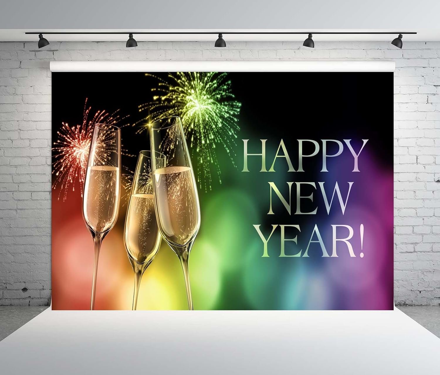 20x10ft Fabric Happy New Year Backdrop Champagne Glasses and Fireworks Colorful Bokeh Background Cheers to The New Year Festival Celebration Holiday Party Decorations Photo Studio Props - Image 4