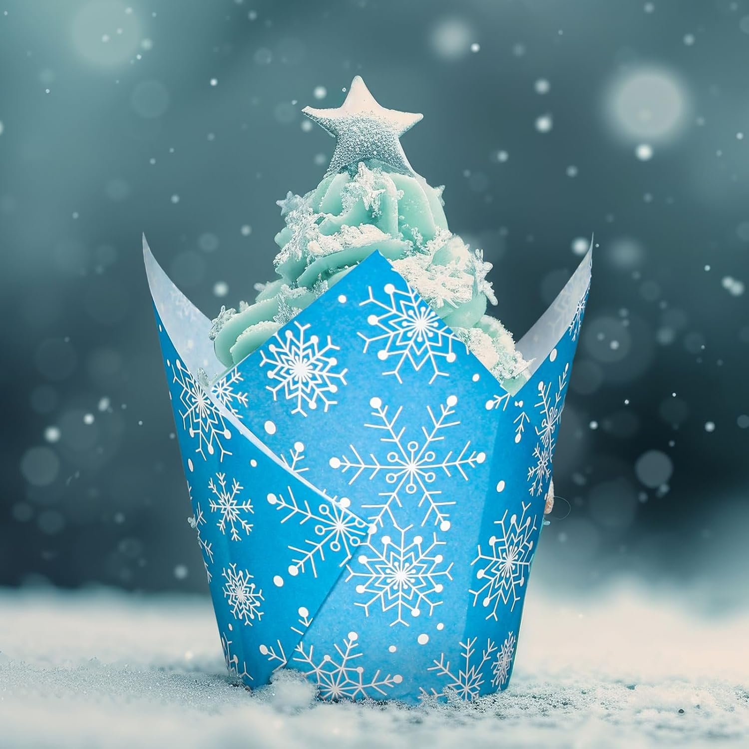 Whaline 180Pcs Winter Snowflake Tulip Cupcake Liners Christmas Snowflake Snowman Muffin Tulip Baking Cups Xmas Blue White Tulip Cupcake Wrappers for Holiday Party Supplies - Image 8