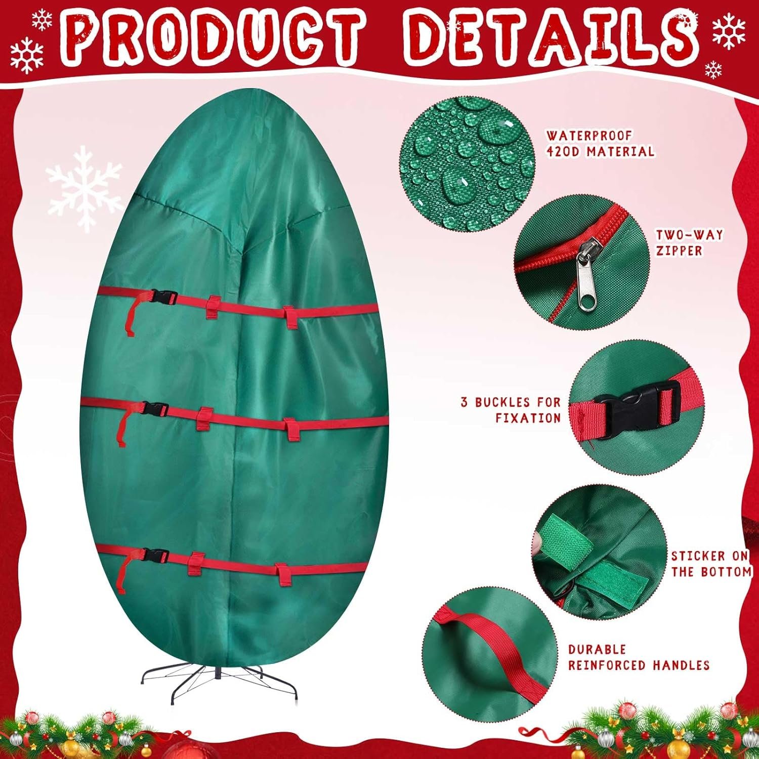 12 Ft Jumbo Upright Christmas Tree Storage Bag 420d Oxford Heavy Duty Large Christmas Tree Storage Bag Holds Up to 9-12 ft Tall Artificial Trees Xmas Storage Container with Handles Sleek Zipper - Image 7