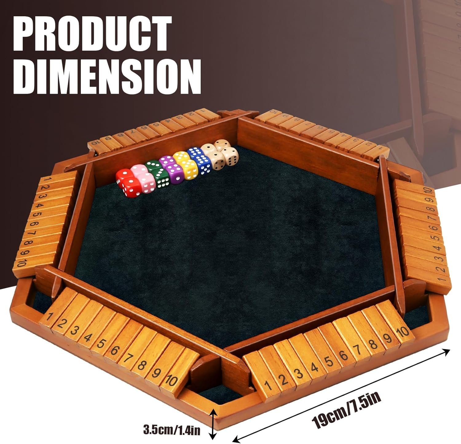 1-6 Players Shut The Box Dice Games, Wooden Board Table Math Game with 16 Dice and Instructions, Classics Close The Box Board Game for Adults Kids, Family Classroom Home or Bar - Image 5