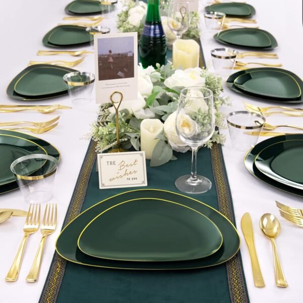 DaYammi 180Pcs Christmas Green Plastic Plates, Green Gold Disposable Plates with Gold Tableware Gold Dinnerware Set Include: 30 Dinner Plates 30 Dessert Plates 90 Gold Cutlery 30 Cups for Party - Image 5