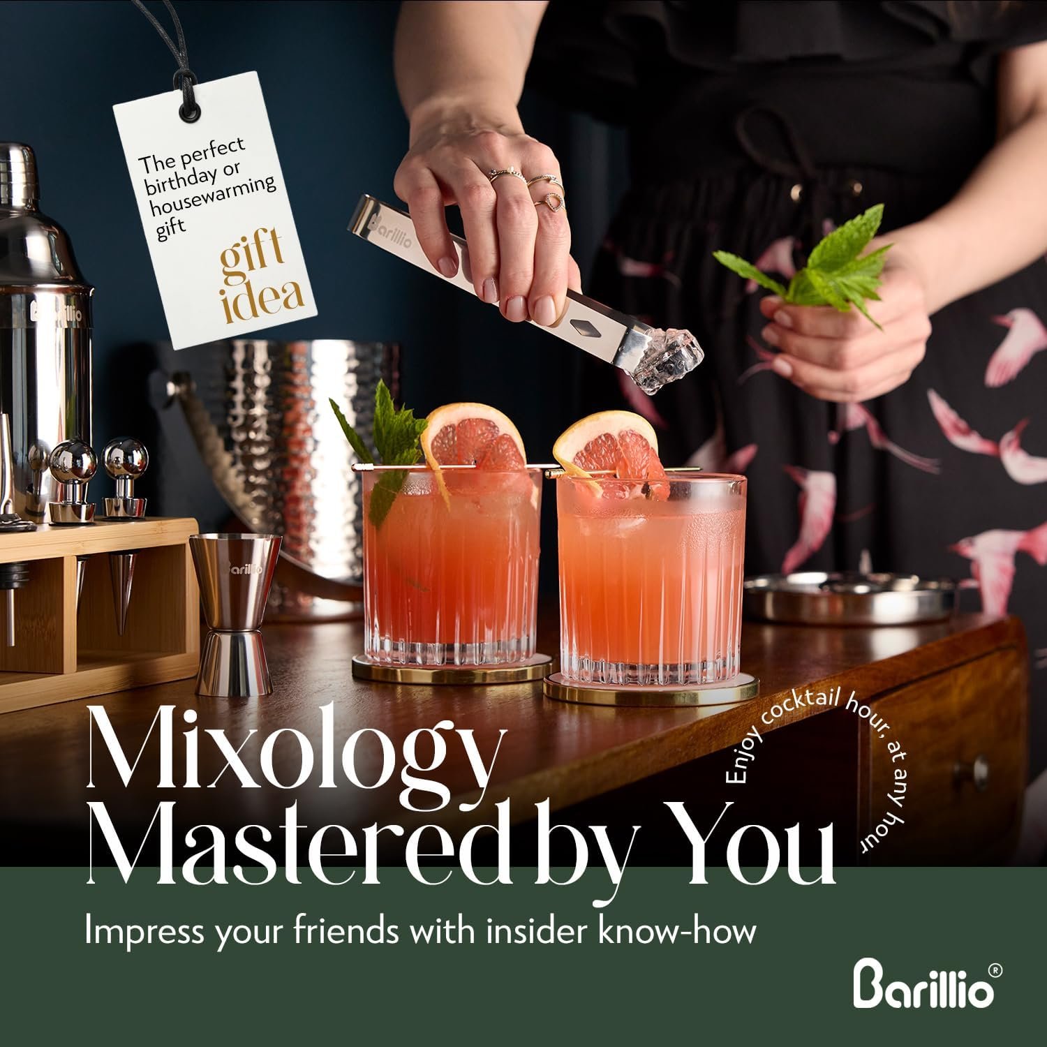 Barillio Bartender Kit - Stainless-Steel Cocktail Shaker Set w/Bamboo Stand - Mixology Bar Tools w/Drink Shaker, Mixer Spoon & Muddler for Cocktails - Home Bar Accessories - 23-Pc Bar Set - Silver - Image 4