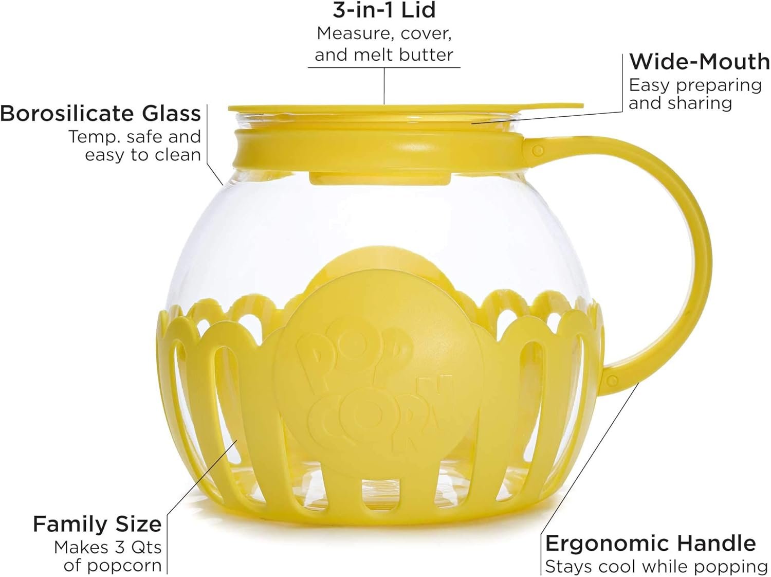 Ecolution Patented Micro-Pop Microwave Popcorn Popper with Temperature Safe Glass, 3-in-1 Lid Measures Kernels and Melts Butter, Made Without BPA, Dishwasher Safe, 3-Quart, Yellow - Image 3