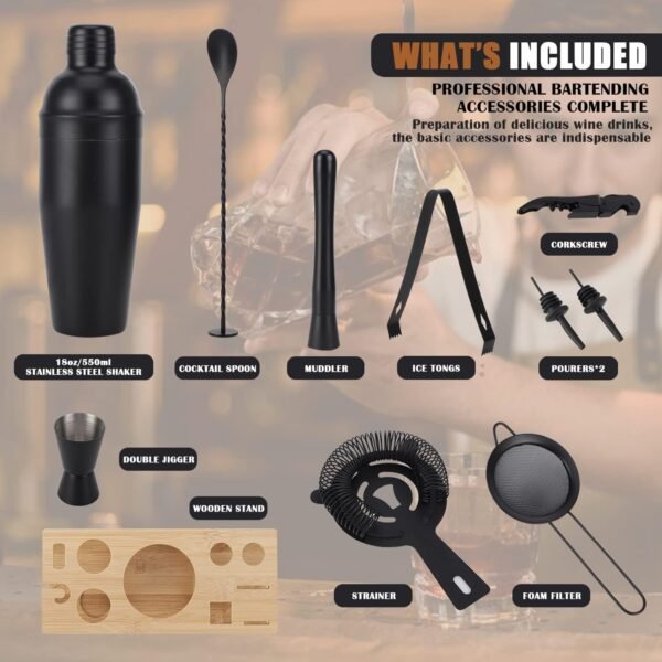 Bartender Kit 11-Piece Cocktail Shaker-Muddler for Cocktails 25oz Boston Shaker-Bar Accessories with Stylish Bamboo Stand Mix Drink Shaker kit Perfect Martini kit with Cocktail Recipes Booklet - Image 4