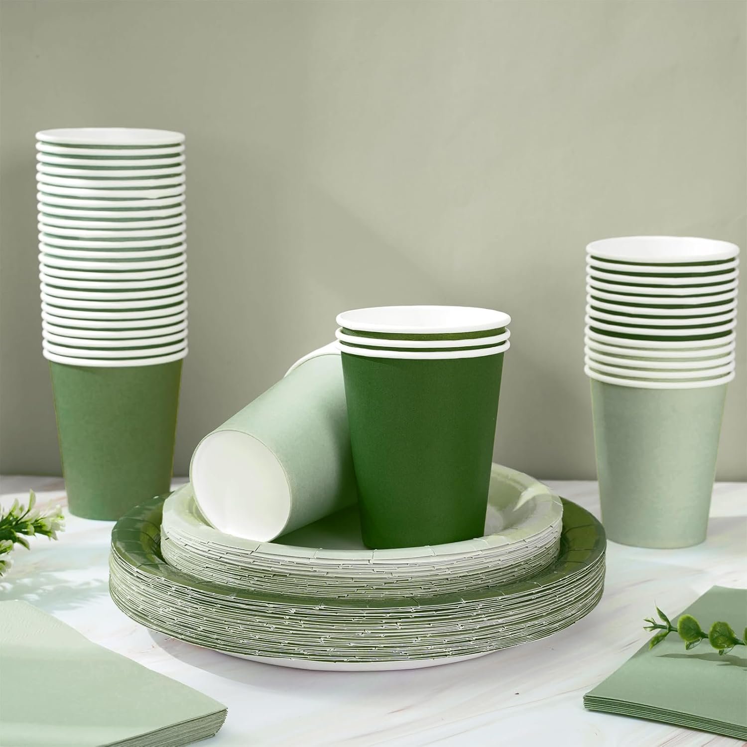 Whaline 244Pcs Sage Green Tableware Set Serves 48 Gradient Green Disposable Dinnerware 48 9" Plates 48 7" Plate 48 9oz Cups 100 Napkins for Wedding Birthday Party Supplies - Image 4