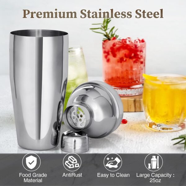 15PCS Cocktail Shaker Set, 750ml/25oz Bartender Kit with Stand & Recipes, Bar Tools Set with All Bar Essential Accessories,Martini Shaker Bartending Kit, for Drink Mixing Home Bar Party, Silver - Image 4