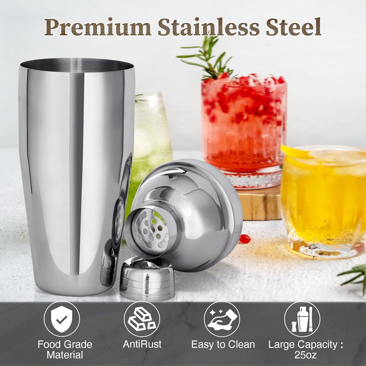 15PCS Cocktail Shaker Set, 750ml/25oz Bartender Kit with Stand & Recipes, Bar Tools Set with All Bar Essential Accessories,Martini Shaker Bartending Kit, for Drink Mixing Home Bar Party, Silver - Image 4