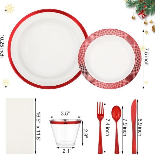 Yaomiao 350 Pcs Christmas Disposable Plates with Trim Set for Xmas Party Plastic Dinnerware 90z Cup Knives Fork Spoon Napkins Christmas Tableware for 50 Guests Gathering Wedding Holiday (Red) - Image 3