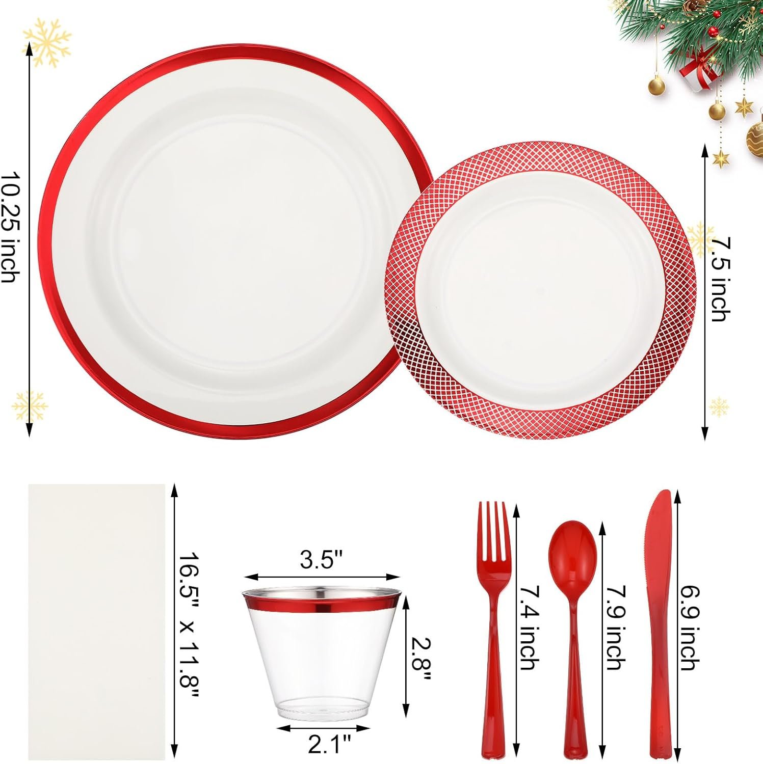 Yaomiao 350 Pcs Christmas Disposable Plates with Trim Set for Xmas Party Plastic Dinnerware 90z Cup Knives Fork Spoon Napkins Christmas Tableware for 50 Guests Gathering Wedding Holiday (Red) - Image 3