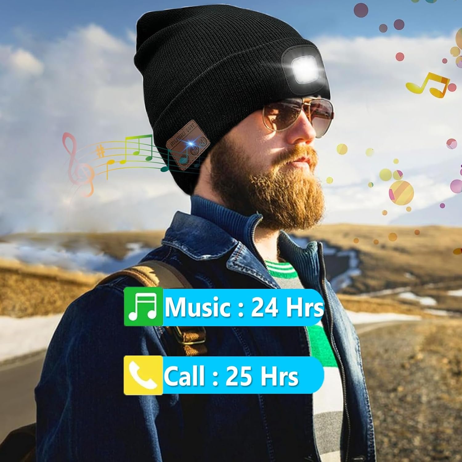 Wireless Beanie Music Hat with Light Unisex Musical Knitted Cap Rechargeable Beanie with Light Built-in Speakers Mic Headphone Beanie Hat Gifts for Men Women Running Camping Fishing - Image 3
