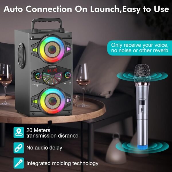 Bluetooth Speakers, 60W Portable Wireless Loud Outdoor Home Party Bluetooth Speaker with Subwoofer, FM Radio, LED Colorful Lights, Microphone, Remote and Big Powerful Stereo Deep Bass Sound Boombox - Image 6